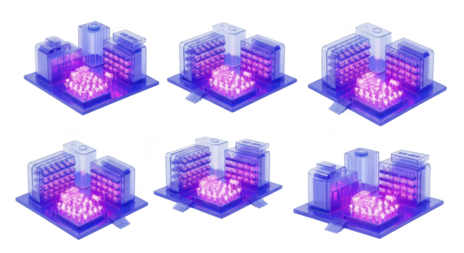 Digital isometric city models showing data processing in various states against a white backdrop possibly for tech concepts