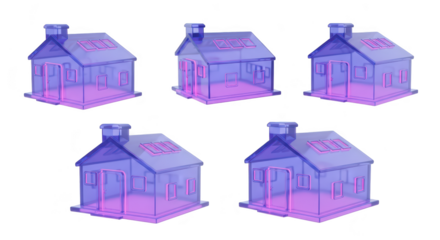 Five translucent houses showing internal structures against a white background potentially for architectural or design concepts