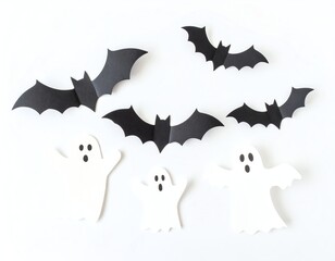 Fototapeta premium Cute paper ghosts and bats for Halloween decor.