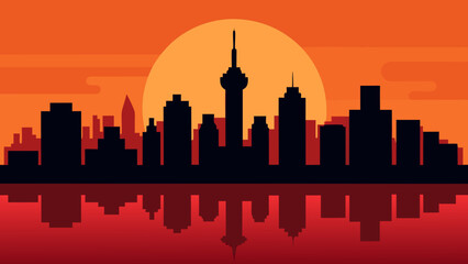Fototapeta premium Experience the city skyline reflected in a river at sunset