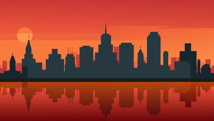 Fototapeta premium Experience the city skyline reflected in a still river at sunset