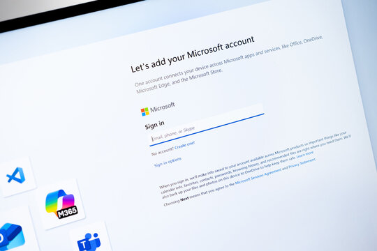 Poznan, Poland - July 20, 2025: Microsoft account sign-in page displayed on screen, prompting user login for secure access to digital services and cloud platforms
