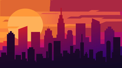Witness the city sky painted with hues of orange and purple sunset