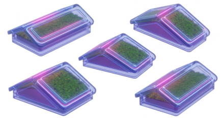 Five miniature sustainable garden boxes in a futuristic neon-lit display against a white background useful for eco-friendly design