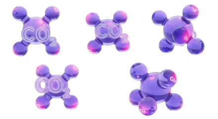 3D rendering of multiple glowing carbon dioxide molecules floating against a plain white backdrop for science education or illustrating climate concepts