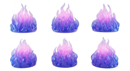 Six glowing cartoon flames burning with purple and pink light on a white surface representing energy or magic for digital art