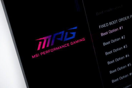 Poznan, Poland - July 20, 2025: MAG MSI brand logo prominently displayed on a computer screen, featuring system boot options for performance gaming setup