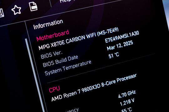 Poznan, Poland - July 20, 2025: Digital display showcasing detailed system information for the MPG X870E CARBON WIFI motherboard and AMD Ryzen 7 9800X3D processor