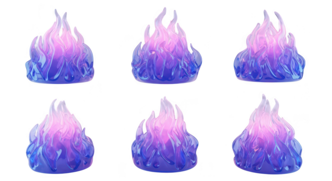 Six glowing cartoon flames burning with purple and pink light on a white surface representing energy or magic for digital art