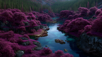 Obraz premium Top view , amazing of pink trees in the forest and clear water of river.