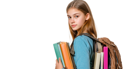 Young student with backpack and books looking over shoulder isolated on white background