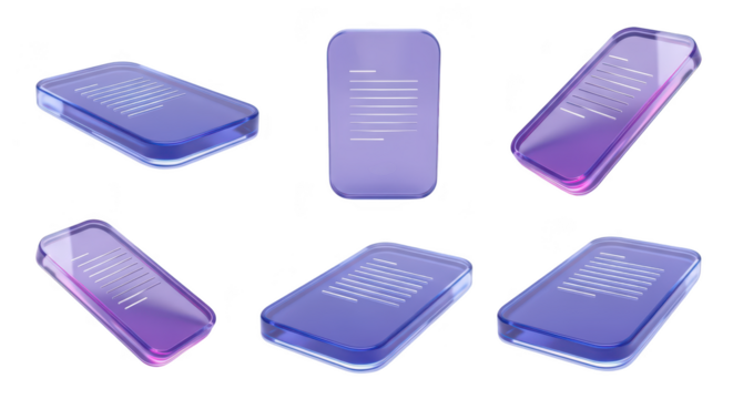 Various angles of a transparent glass smartphone displaying text on a white background suggesting digital communication or data access