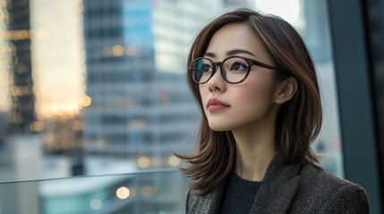 A young woman in a suit looks out the window with a thoughtful expression.