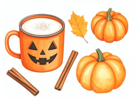 Festive pumpkin and seasonal beverage elements.