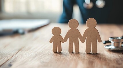 A wooden family figurine with a stethoscope on a wooden table.