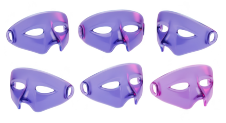 Purple glass masks rotate against a soft gradient background showcasing shapes for theatrical design and symbolic concepts