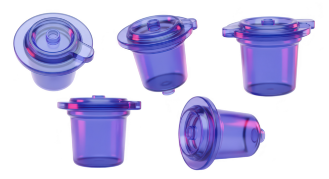 Five translucent medical vials displayed against a white backdrop showcasing product design and possible applications