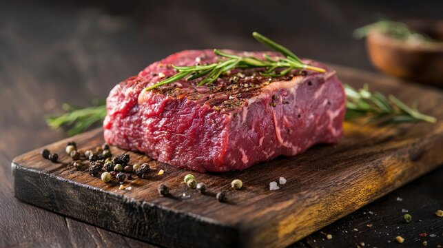 A raw steak with rosemary and pepper on a wooden cutting board.
