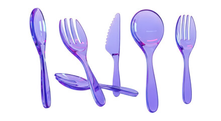 Five translucent purple utensils displayed isolated with a white backdrop for use in food blogs or design