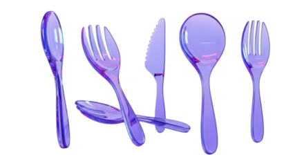 Five translucent purple utensils displayed isolated with a white backdrop for use in food blogs or design