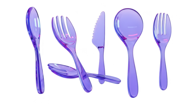 Five translucent purple utensils displayed isolated with a white backdrop for use in food blogs or design