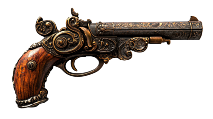 Ornate antique steampunk pistol with intricate metalwork isolated on white background