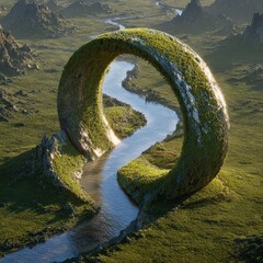 Fototapeta premium A river flowing through a green landscape