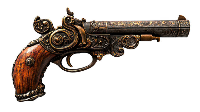 Ornate antique steampunk pistol with intricate metalwork isolated on white background