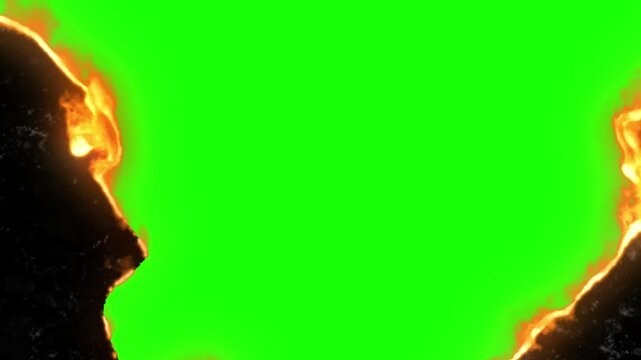Burning Green Paper Transition with Fire on Black Background
