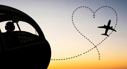 Pilot flying airplane in heart shape path at sunset isolated on transparent background