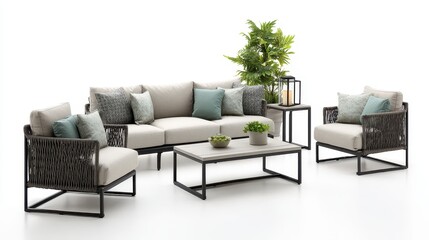 A set of outdoor furniture with a plant