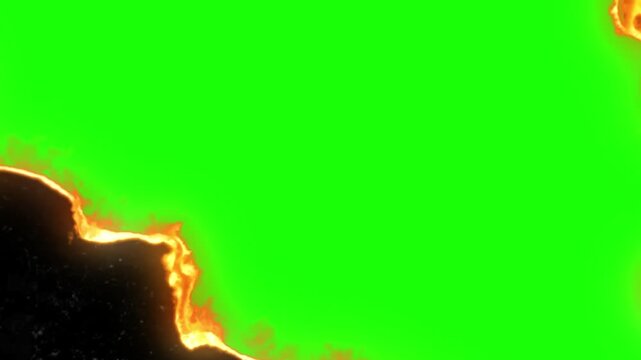 Burning Green Paper Transition with Fire on Black Background