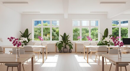 Bright, airy office space with desks, chairs, plants, and large windows overlooking a green landscape.