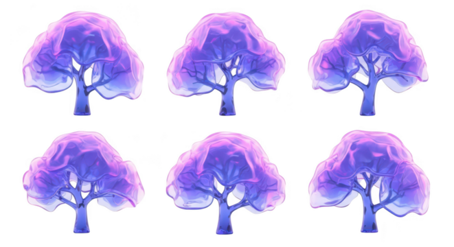 Six stylized glowing purple trees with transparent leaves isolated on white great for design elements or illustrations