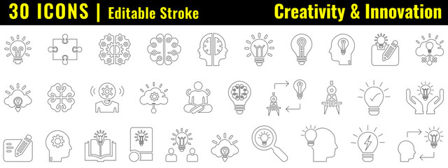 Creative work icon set. Editable stroke line icon. 30 thin line icon of creativity, innovation, idea generation. Brainstorm, thinking, brain, creative, light bulb, imagination etc