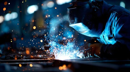 Worker welding metal parts with flying sparks in a dark industrial workshop, high detail.
Concept: Metalwork, skilled labor, industrial manufacturing, craftsmanship, heavy industry, safety at work.