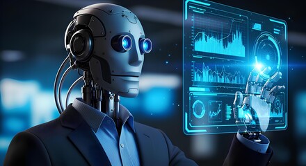 A sophisticated humanoid robot in a business suit analyzes complex data on a futuristic holographic interface.