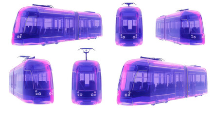 Futuristic electric tram models displayed in multiple views on a white background showcasing transport design potential