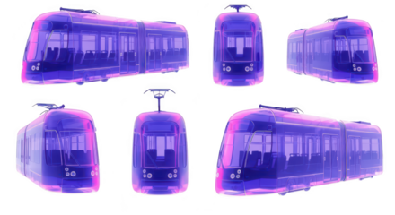 Futuristic electric tram models displayed in multiple views on a white background showcasing transport design potential