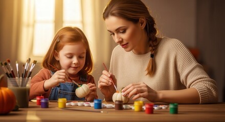 Obraz premium Mother and daughter painting small pumpkins together in cozy room for Halloween