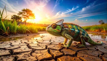 a close-up photo of a chameleon in a dry swamp, the ground around appears to be starting to crack due to drought
