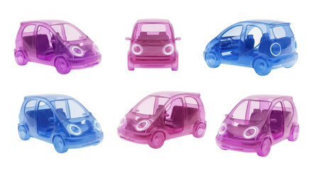 Colored transparent microcars displayed on a white background representing future mobility and transportation designs