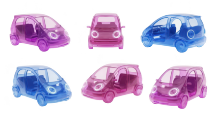 Colored transparent microcars displayed on a white background representing future mobility and transportation designs
