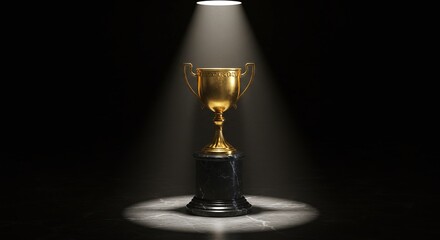Golden achievement trophy illuminated by a spotlight, symbolizing success and victory on a dark, dramatic background, representing accomplishment and recognition.