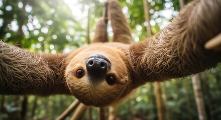 A sloth hangs upside down from a branch in a lush forest, looking directly at the camera with a curious expression.