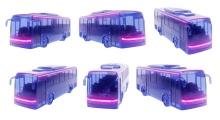 Transparent futuristic buses in multiple perspectives isolated on white suggesting transportation technology for design