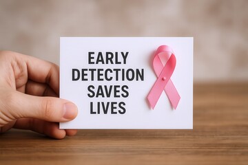 Hand holding breast cancer awareness card with pink ribbon