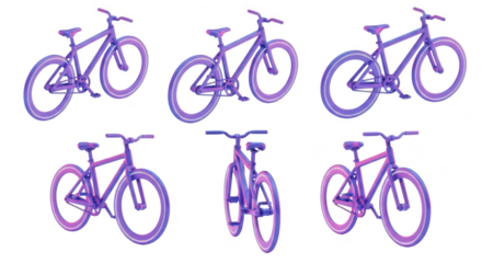 Purple bicycles in different angles staged against a clean white backdrop perfect for product showcasing or design mockups