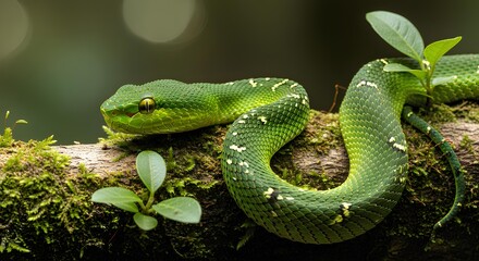 Fototapeta premium Stunning portrait of a green tree viper showcasing its intricate scales and natural camouflage in a tropical rainforest.