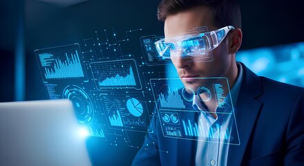 Futuristic Data Analysis Man with AR Glasses Exploring Complex Information